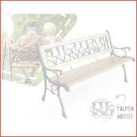 Houten tuinbank met tulpen