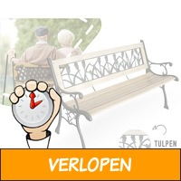 Houten tuinbank met tulpen